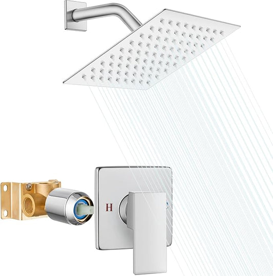 Heyalan 8 Inch Shower Head and Handle Set Square Shower Faucet Set Bathroom Rainfall Shower System Stainless Steel Showerhead Single Function Shower Trim Kit,Female Thread Valve,Polished Chrome
