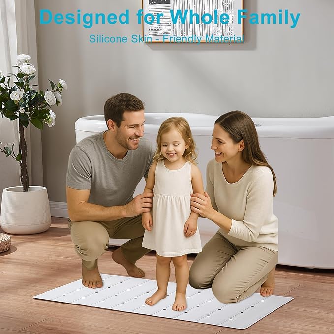 Non-Slip Bath Mat for Tub & Shower：Silicone Foldable Bathtub Mat with Strong Suction Cups, Quick Drain Holes, Machine Washable Extra Large Bathroom Mats 35.8" x 17.7", White
