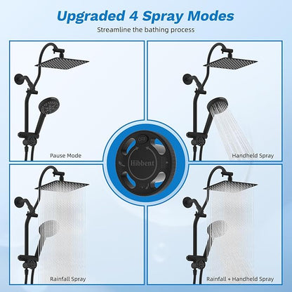 Hibbent cUPC Certified All Metal 10" Rainfall Showerhead Combo, High Pressure Shower Head with 10-Spray Mode Handheld, Innovative 4-way Diverter with Pause Mode, 71'' Shower Hose and Holder, Black