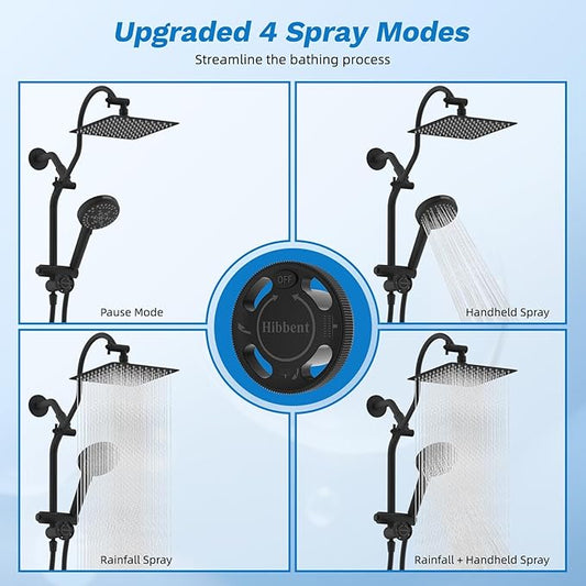 Hibbent cUPC Certified All Metal 10" Rainfall Showerhead Combo, High Pressure Shower Head with 10-Spray Mode Handheld, Innovative 4-way Diverter with Pause Mode, 71'' Shower Hose and Holder, Black