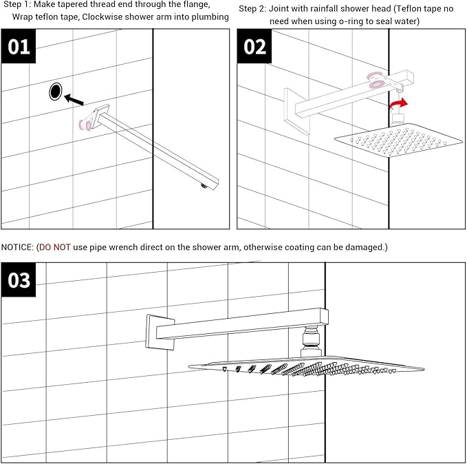 Matte Black Shower Arm with Flange 16 Inch Wall Mounted Extension Arm for Bathroom Rainfall Shower Head, Stainless Steel, Square Shaped