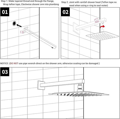 Matte Black Shower Arm with Flange 16 Inch Wall Mounted Extension Arm for Bathroom Rainfall Shower Head, Stainless Steel, Square Shaped