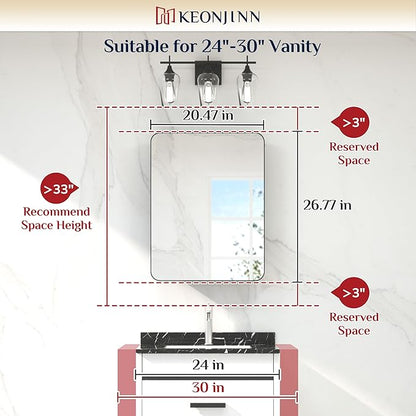 Keonjinn 20 x 26 Inch Chrome Recessed Medicine Cabinets, Mirrored Bathroom Medicine Cabinet, Elegant Silver Stainless Steel Framed, Adjustable Shelves, in Wall or Surface Mount, Soft Closing, Modern