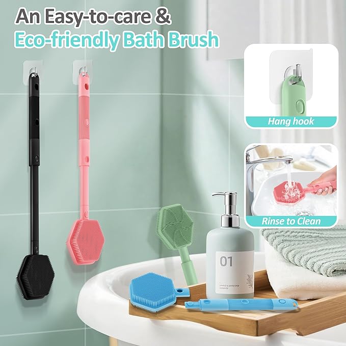 Silicone Back Scrubber & Soft Bath Glove 2PCS, 16''- 21''Extendable Back Scrubber with Dual-Side Large Head, 360° Anti-Slip Hand-fit Silicone Body Scrubber for Rich Foaming Deep Cleaning(Blue)