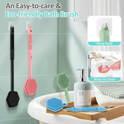 Silicone Back Scrubber for Shower, 16''-21''Extendable Shower Back Scrubber with Dual-Side Large Brush Head, 3-Length Back Brush Bath Brush with Strong Handle & Rich Foaming Bristles(Pink)