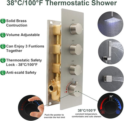 HOMEDEC 3 Way Shower Diverter Valve, 3 Outlets Multi Function Thermostatic Shower Brass Valve Can Run Simultaneously, Brushed Nickel