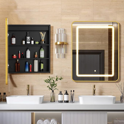 APRILSOUL 20X30 Inch Gold Bathroom Medicine Cabinet with Mirror, Recessed or Surface Lighted Medicine Cabinet with 3 Colors Temperature, Dimmable Light