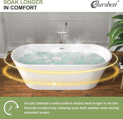 67 Inch Freestanding Acrylic Soaking Tub White Roll Top Deep Bathtub with Black Drain Relaxing Home Spa, YSB9222