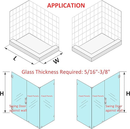 Shower Door Hardware Kit for Frameless Corner Shower Setup, Includes Hinges, Square Pull Handles, U-Clamps and Connector, for 5/16"–3/8" Glass, Bathtub or Standing Shower Use, Chrome