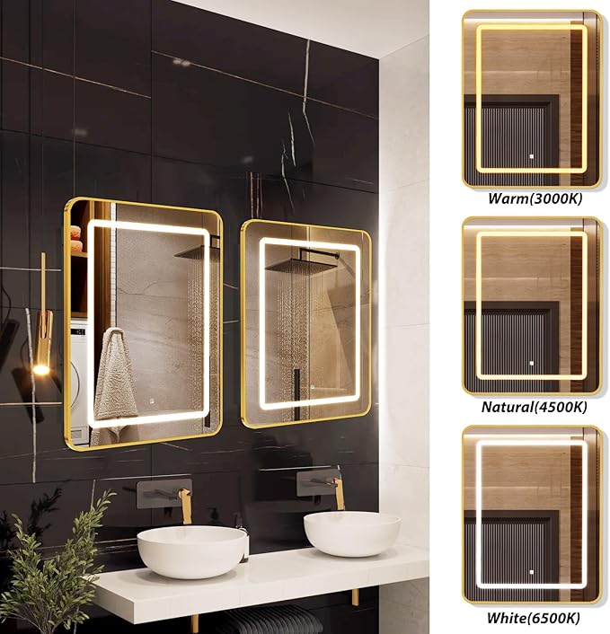 APRILSOUL 16X24 Inch Gold Bathroom Medicine Cabinet with Mirror, Recessed or Surface Lighted Medicine Cabinet with 3 Colors Temperature, Dimmable Light