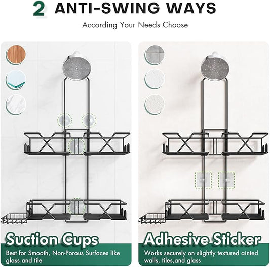 Stainless Steel Hanging Shower Caddy for Handheld Shower Heads,Adjustable Height Extra Long Bathroom Shower Organizer Hanger Rack with Hooks,Soap Holder