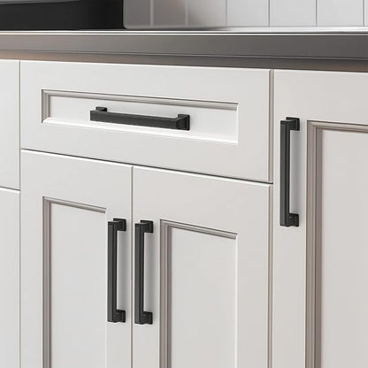 Ravinte Hardware 5 Pack Matte Black Cabinet Pulls, 5 Inch (128mm) Hole Center Zinc Alloy Drawer Handles for Kitchen Cabinets, Cupboards, Dressers, Square Solid Metal Hardware