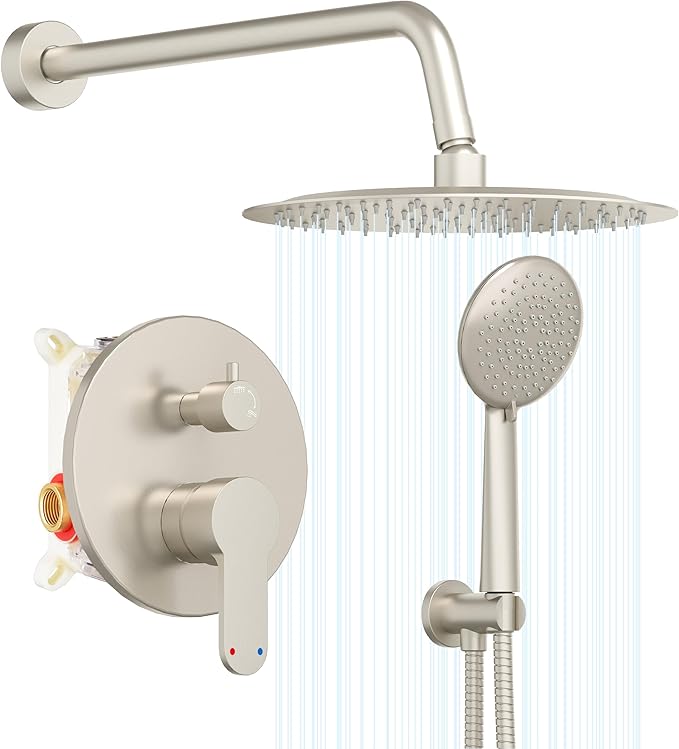 Gabrylly Shower Faucet Set, Shower System with Pressure Balance Shower Valve, 12" Rain Shower Heads with Handheld Spray, Wall Mounted Shower Fixtures, High Pressure Shower Head Set, Brushed Nickel