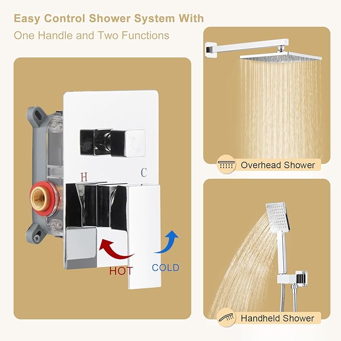 BWE Chrome Shower Faucet Set,Rainfall Shower Head with Handheld Shower,Two Functions Bathroom Luxury Shower Combo Set,Wall Mounted Shower System with Brass Rough-in Valve and Trim Kit
