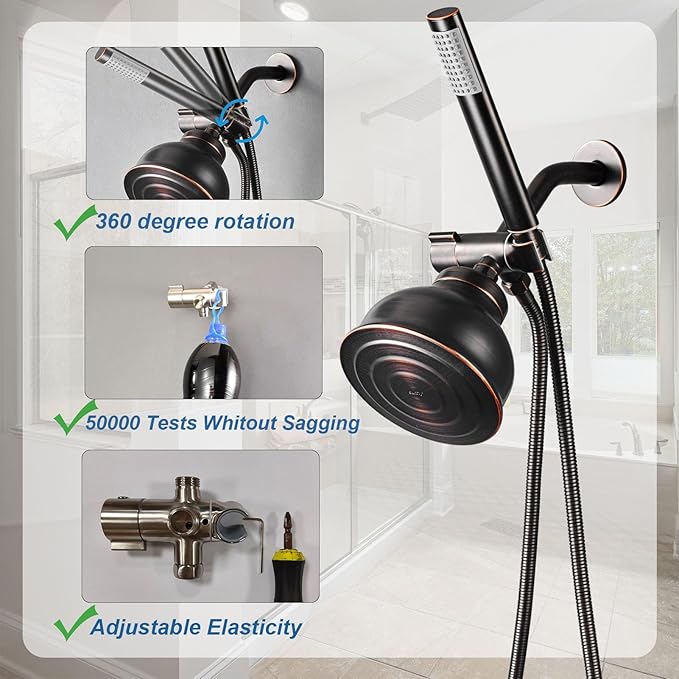 3 Way Shower Diverter Valve with Hand Shower Holder, G1/2 Shower Head Splitter, Shower Arm Diverter, Bathroom Universal Shower System Replacement Part (Oil Rubbed Bronze)