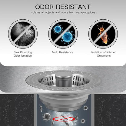 3 in 1 Kitchen Sink Drain Strainer Stopper, Stainless Steel Pop Up Sink Stopper with Anti-Clogging Basket Strainer Width 3.07" Height 1.77 for Deep Sink (Silver)