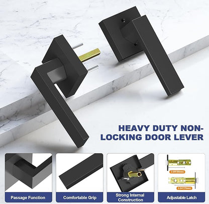 Passage Door Lever, 3 Pack Matte Black Interior Door Handles for Hallway and Closet, Heavy Duty Square Interior Keyless Door Handles Non-Locking Door Knobs for Right & Left Side Door