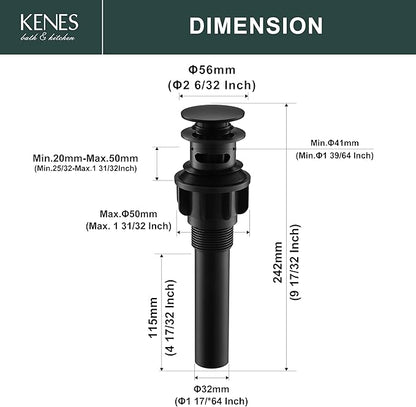 KENES Pop Up Bathroom Sink Drain with Overflow, Matte Black Pop Up Drain Stopper Anti Clog Pop Up Drain Stopper Lavatory Bathroom Vanity Sink Drain