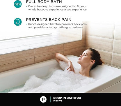 Fine Fixtures Drop In White Soaking Bathtub, Fiberglass Acrylic Material, 66"L x 32"W x 19"H