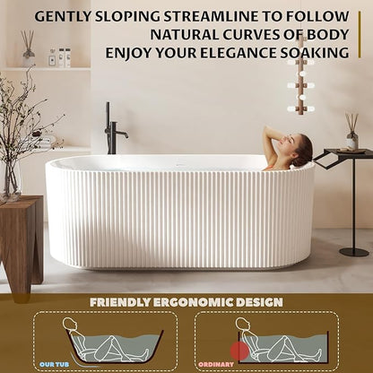 Freestanding Bathtub 67 Inch Acrylic Soaking Tub – Contemporary Stripe Design Free Standing Tub with Pop-Up Drain & Overflow, Elegant Freestanding Bathtub for Bathroom Upgrade