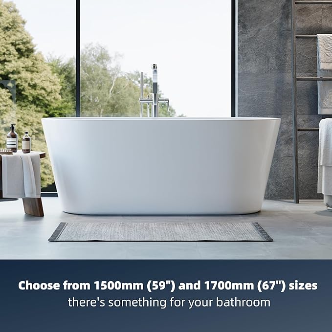 67" Acrylic Freestanding Bathtub, Modern White Soaking Tub for Bathrooms, Easy Install Contemporary Bath Tub with Chrome Overflow and Drain