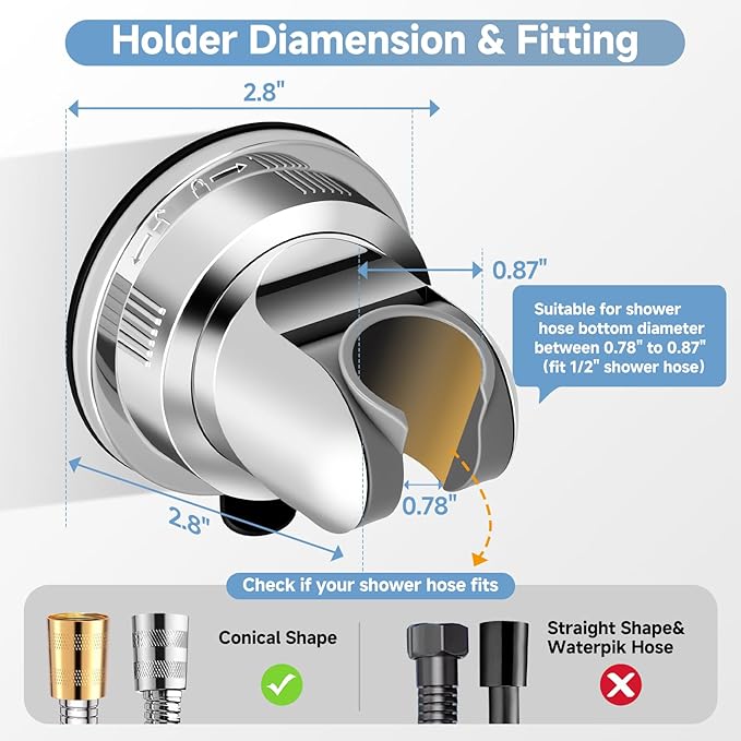 Suction Shower Head Holder，Removable Wall-Mount Handheld Shower Holder, No-Drill Adjustable Chrome Suction Cup 5-Angle Tilt & 360° Swivel
