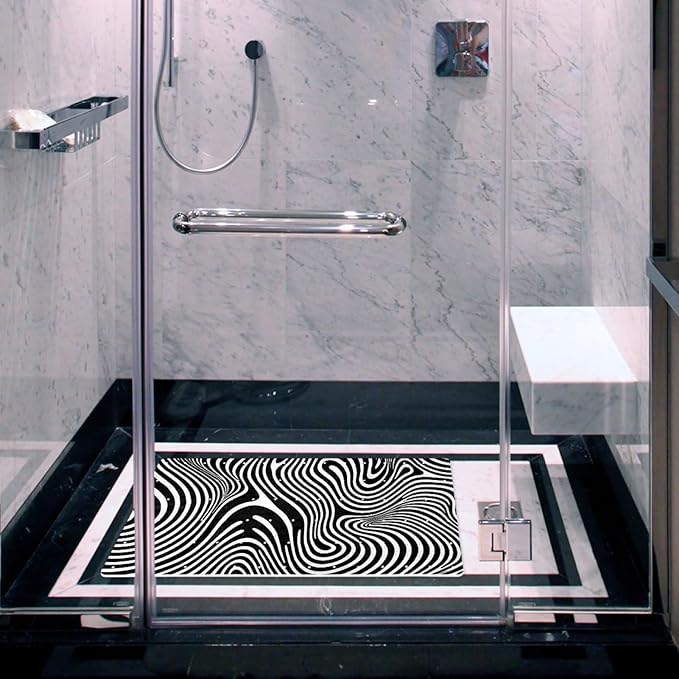 Bath Tub and Shower Mats, Non Slip Bathmat with Drain Holes and Suction Cups for Bathroom Floor, 15.1 x 26.8 Inch (Black and White Abstract Art Lines Pattern)