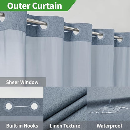 Extra Long No Hooks Needed Linen Textured Shower Curtain with Snap-in Fabric Liner Set,Blue Grey Hotel Luxury Decor Shower Curtains for Bathroom,Waterproof & Washable,71Wx86H