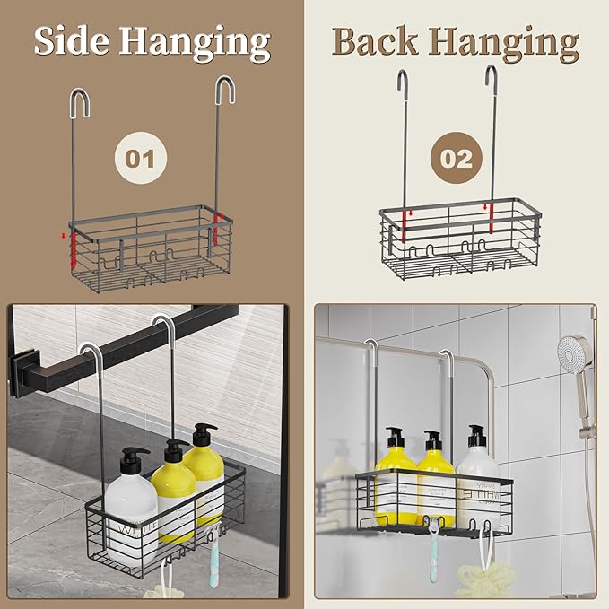 DELLAN Hanging Shower Rack, Shower Organizer Hanging for Bathroom, Shower Rack with Hooks Over the Door, Bathroom Shower Caddy and Basket(Black)