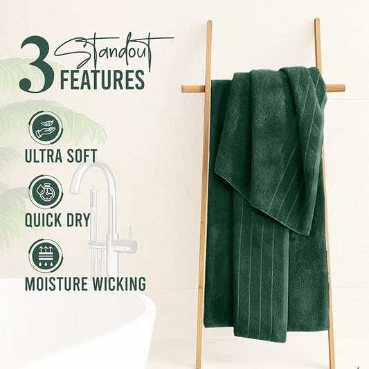 DAN River Extra Large Bath Towels Set of 4, 30 x 60 Inches - 100% Cotton Larger & Lighter Weight Towels for Bathroom - Quicker to Dry, Super Soft & Highly Absorbent Towels for Home, Hunter Green