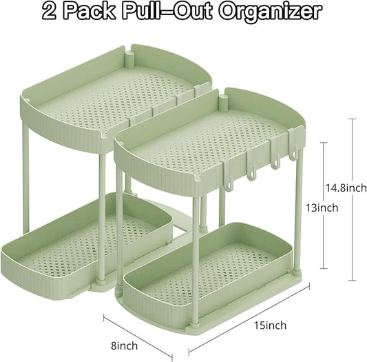 2 Pack Multi-Purpose Pull-Out Storage Organizers, Under Sink Organizers and Storage for Bathroom & Kitchen, Under Cabinet Organizers and storage, 14.8 Inch, Green
