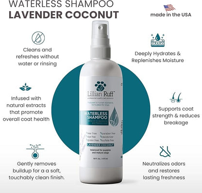Lillian Ruff Waterless No-Rinse Dog Dry Shampoo Spray with Hydrating Essential Oils - pH-Balanced Dry Shampoo for Dogs - Clean, Condition, Detangle & Deodorize Dry, Sensitive Skin (16oz/Brush)