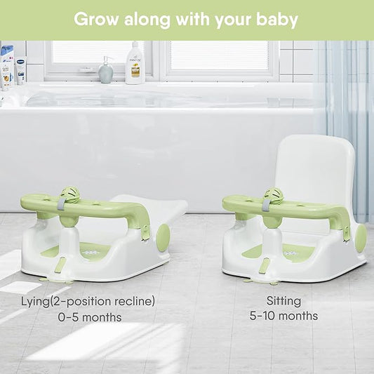 Baby Bath Seat with Sitting & Lying 2 Modes, 3-Speed Adjustment, Powerful Suction Cups, Infant Bathtub Chair with Washable Pillow, Folding and Hanging