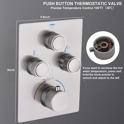 Modern Push Button 3 Way Thermostatic Shower Valve, Concealed 3 Outlet Multi Function Brass Mixer Shower Diverter Valve Kit Can Control Flow and On-Off Simultaneously, Brushed Nickel