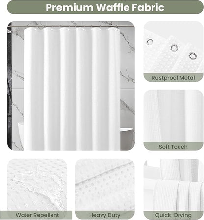 Inhousolu Fabric Shower Curtain Waffle Weave, 230 GSM Heavy Duty, Weighted Hem, 14 Metal Hooks, Water Repellent, Machine Washable, Hotel Spa Luxury Bath Curtain Set, 72 x 78 Inch, White