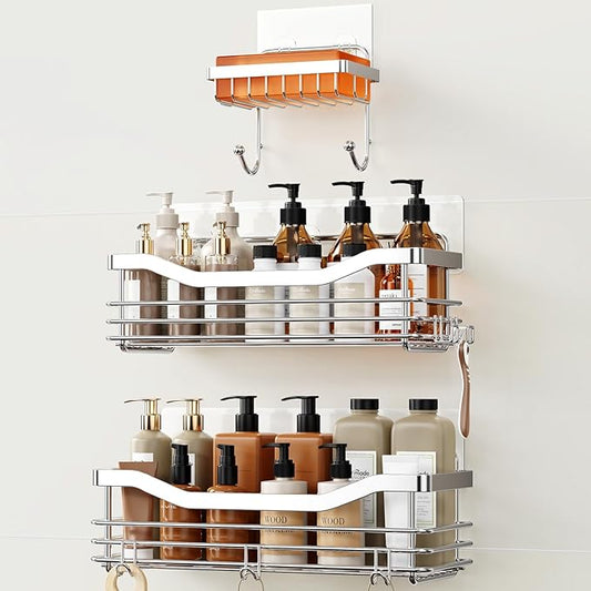 Orimade Shower Caddy Basket Shelf,3-Pack Adhesive Shower Organizer with Soap Dish Holder, No Drilling Wall Mounted Rustproof Stainless Steel Shower Shelves with 7 Hooks,for Bathroom