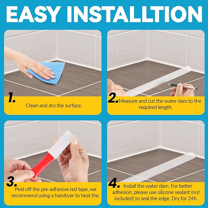 39" Collapsible Shower Threshold Water Dam Shower Barrier Keeps Water Inside Threshold Dry and Wet Separation Retention System Suitable for Bathroom Kitchen Sink Bathtub