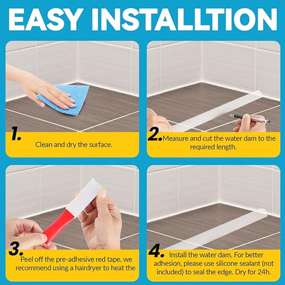 67'' Collapsible Shower Threshold Water Dam Shower Barrier Keeps Water Inside Threshold Dry and Wet Separation Retention System Suitable for Bathroom Kitchen Sink Bathtub