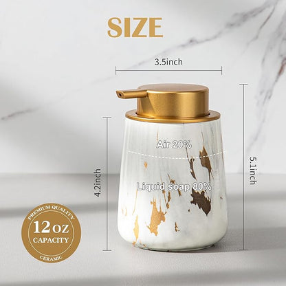 Enra Ceramic Gold Soap Dispenser,12 oz Marble Lotion Dispenser Bathroom Liquid Refillable Hand Soap Dispenser for Bathroom Kitchen with Easy-to-Press Pump (Glod Liquid Type)