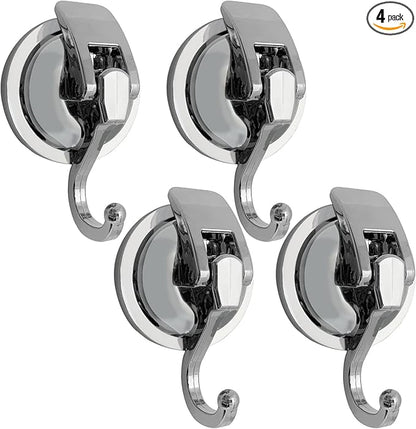 Suction Cup Hooks - Heavy Duty Glass, Reusable, No Hole Punched, for Bathroom Robe & Garland (Silver, 4 Pack)