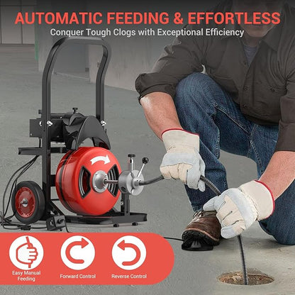 100Ft 1/2 Inch Cable Drain Cleaning Machine, 450W Auto Feed Portable Electric Sewer Snake, Electric Drain Auger with 4 Cutter Air-Activated Foot Switch for 2" to 4" Pipes