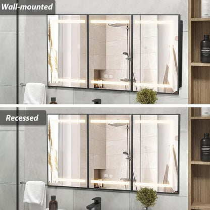 APRILSOUL 48X32 Inch Black Bathroom Medicine Cabinet with Mirror, Recessed or Surface Lighted Medicine Cabinet with 3 Colors Temperature, Dimmable Light