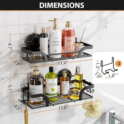 LEVERLOC 2 Pack Shower Caddy Suction Cup, Shower Shelves for Inside, Rustproof Metal Bathroom Storage NO-Drilling Bath Organizer with Large Capacity,Heavy Duty Storage Basket,Home Decor,Black