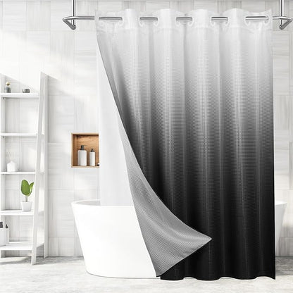 MitoVilla No Hooks Needed Black Ombre Waffle Shower Curtain Liner Set, Modern Waffle Weave Heavy Duty Fabric Cloth Shower Curtain with Snap-in Liner for Luxury Neutral Hotel Spa Bathroom Decor