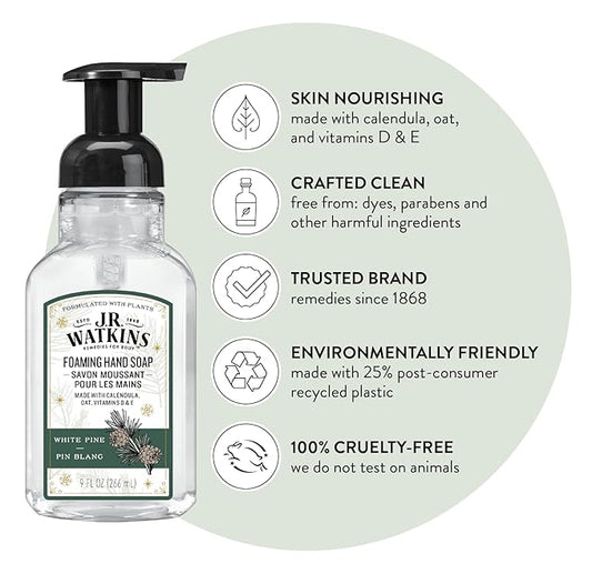 J.R. Watkins Foaming Hand Soap with Pump Dispenser, Moisturizing Foam Hand Wash, Alcohol-Free, Cruelty-Free, White Pine, 9 fl oz, 3 Pack