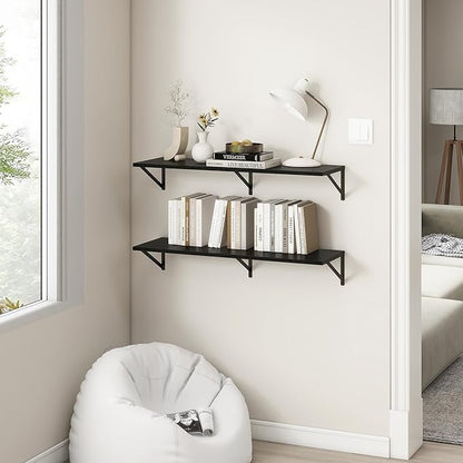 Fun Memories 40 Inch Floating Shelves, 12 Inch Deep Wall Shelf, 40 x 12 Floating Shelf Set of 2, Black Wood Floating Shelf Wall Mounted, Large Kitchen Living Room Bedroom Storage Shelves