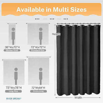 River Dream 3 in 1 Shower Curtain Set, Stall Waffle Fabric Shower Curtain and Waterproof Clear Liner Set with Double Sided Metal Hooks, Black, 36" W*72" H