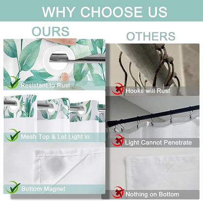 No Hook Shower Curtain and Liner Set, Teal Eucalyptus Floral Shower Curtains for Bathroom, Bath Curtain Sets with Snap in Liner, Waterproof with See Through Top Window, 71x84 Inches