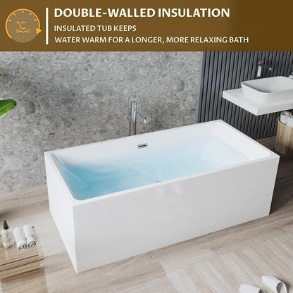 67" Acrylic Freestanding Bathtub - Modern Rectangular Soaking Tub, Glossy White Finish, Chrome Linear Overflow & Drain Kit, CUPC Certified