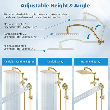 Hibbent All Metal Shower Head, 10'' High Pressure Rain Shower Head, Handheld Showerhead Combo with 16'' Adjustable Shower Extension Arm, 10 Sprays, 71'' Hose, Adhesive Showerhead Holder, Brushed Gold